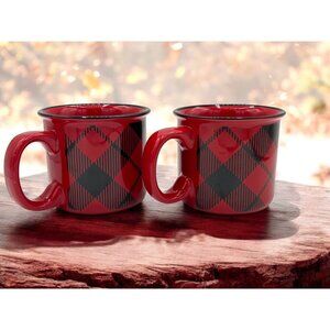 2 Bay Island Red and Black Argyle Check Plaid Oversize Mug Hot Chocolate Cup